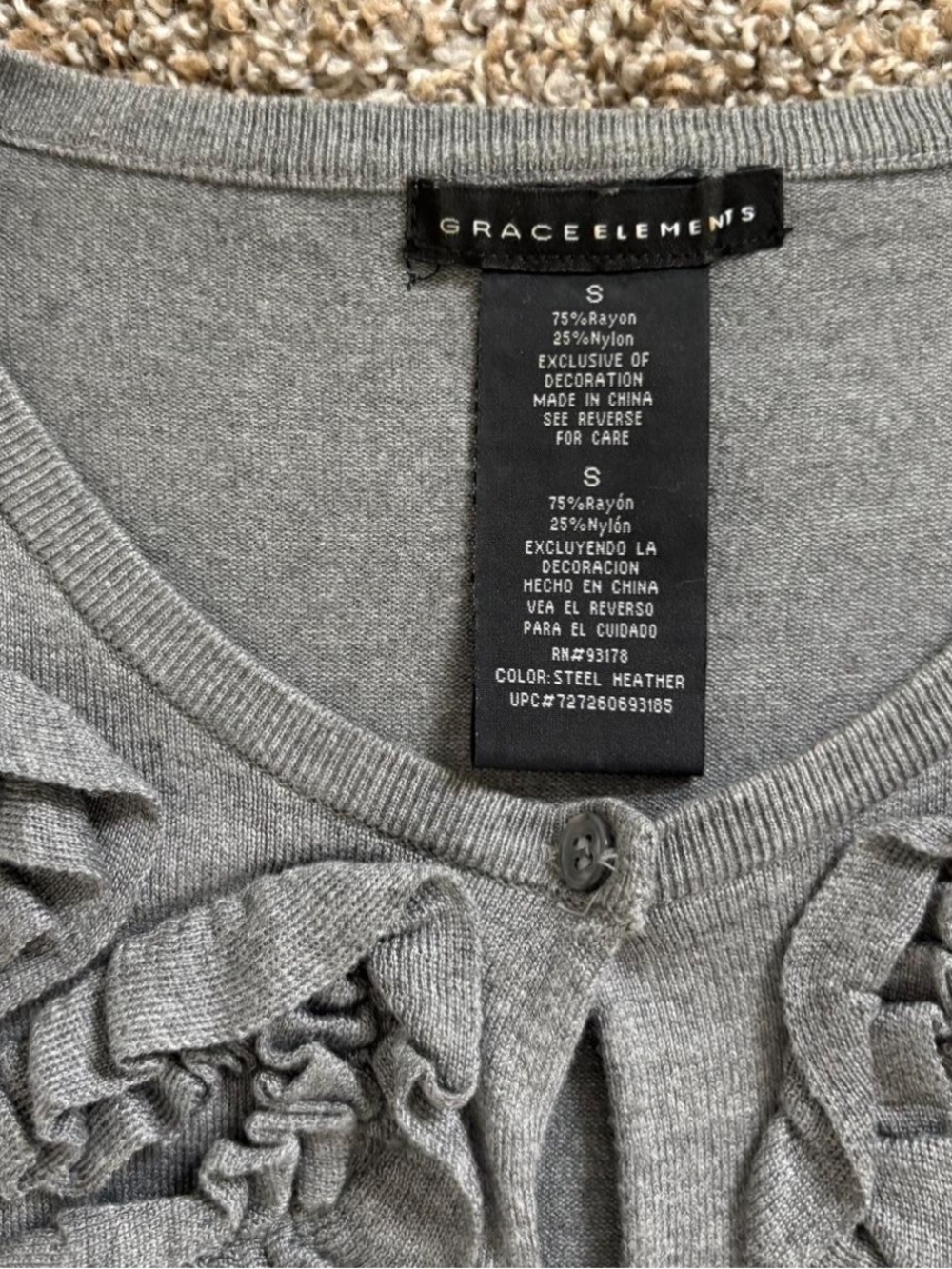 Gray Ruffle-Trim Button Cardigan • Size S - Picture 3 of 3